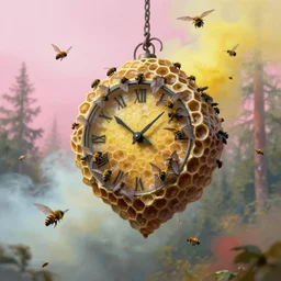 giant honeycomb clocks being assessed more than 20 bats, bees flying about, In a forest in russia, overcast pink light, yellow smoke, hints of light blue and red, ArtStation, as if painted by Jacub Rozalski