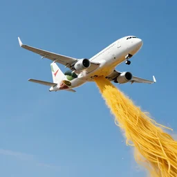 a photo of an airplane flying in the air with spaghetti being emitted out of the plane