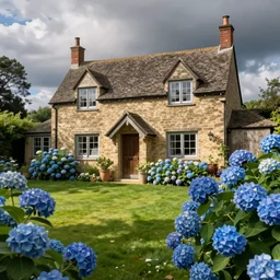 beautiful english cottage with a big garden with blue hydrangeas
