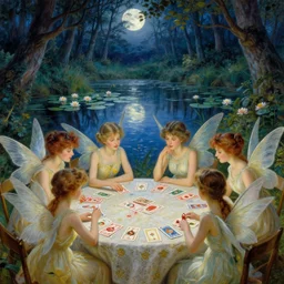 a group of gracious winged fairies!! playing cards!! on a table in an atmospheric moonlit forest next to a beautiful pond!! filled with water lilies!!, artwork by ida rentoul outhwaite