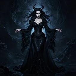 style of ivan laliashvili : : gorgeous willa holland : : evil witch, swirling black magic, black dress : : symmetrical face, symmetrical eyes : : full body pose : : gorgeous black hair : : magic lighting, low spacial lighting : :