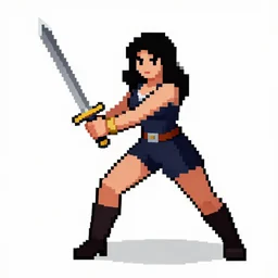 a pixel art picture of a woman holding a sword, pixel art by lichtenstein, polycount contest winner, pixel art, isometric 2 d game art, 1 6 bit, dynamic pose, # pixelart