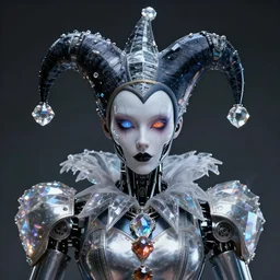 front shot of a court jester character, holographic crystals, bionic futurism, robotic cyborg, hyperrealistic, ominous elegant detailed concept artstation sharp focus ray tracing cinematic masterpiece fine portrait, by artgerm and greg rutkowski and tooth wu and beeple
