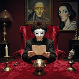 a fortune teller wearing a mask sits in a red velvet room reading a fortune, film still from the movie directed by Studio Ghibli with art direction by Zdzisław Beksiński  and Salvador Dalí, wide lens