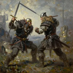 A viking fighting a troll, oil painting