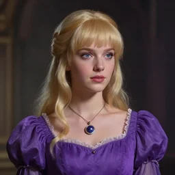 portrait of a princess with a purple dress, blonde hair and bangsnecklace space, concept art, fantasy, highly detailed, cinematic lighting, digital painting by greg rutkowski