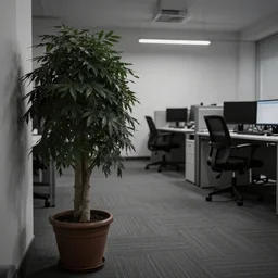 photography of a boring desaturated office interior, a potted plant, desks and computers in the background