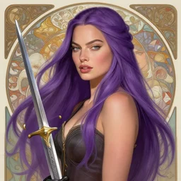Margot Robbie as legolas with long purple hair and sword, cute, fantasy, intricate, elegant, highly detailed, digital painting, 4k, HDR, concept art, smooth, sharp focus, illustration, art by artgerm and H R Giger and alphonse mucha