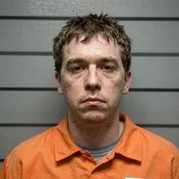 prison mugshot of real - life eric cartman, bright flash, orange prison shirt, low saturation, somber expression, filthy hair, rugged textured face, soft vignette, soft focus, 5 0 mm, 4 k, nypd