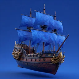 matte painting of floating pirate ship, blackbeard's queen anne's revenge. blue. magic. artstation