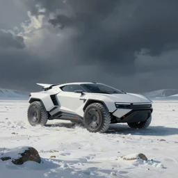 painting by eytan zana, snow wasteland, futuristic vehicle