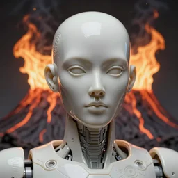nft - collectible of superrare : an intricate and extremely detailed sculpture of a robot : high detailed face, photorealism, golden ratio, hyper - realistic 3 d, insanely super detailed, realistic octane render, 1 6 k, fashion photography, micro detail, backlit lighting, face in focus, subsurface scattering, thin porcelain, background : volcano with twin flames, physically based rendering, trending on cgsociety 1 6 k : 1