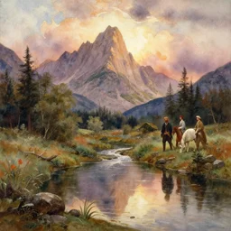 watercolor painting of small river, pond, reflections, tall mountains and warm clouds, mythological art by hans gude, romance art by hans dahl, by jesper ejsing, art by anders zorn, wonderful masterpiece by greg rutkowski, cinematic light, american romanticism by greg manchess, creation by tyler edlin