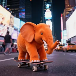 an orange elephant on a skateboard in times square at night
