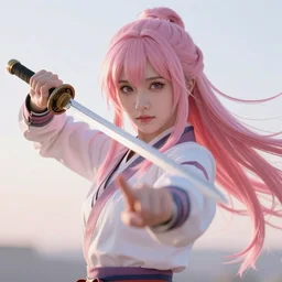 highly detailed beautiful photo of madison beer as a young female samurai, practising her sword staces, symmetrical face, beautiful eyes, pink hair, realistic anime art style, 8 k, award winning photo, pastels colours, action photography, 1 / 1 2 5 shutter speed, sunrise lighting
