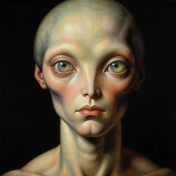 a close - up baroque portrait of a futuristic alien vitruvian man, big glowing eyes. studio lighting. black background. highly detailed science - fiction fantasy painting by norman rockwell, moebius, frank frazetta, syd mead, and giuseppe arcimboldo. rich colors, high contrast. renaissance masterpiece. artstation
