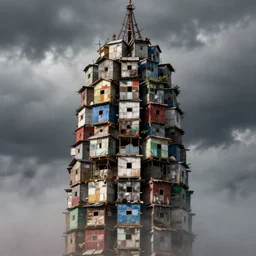 close - up view of a tower made up of makeshift squatter shacks with faded colours, moody cloudy sky, uneven fog, dystopia, mamiya, fully frontal view, very detailed, photographed by andreas gursky