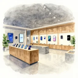 watercolor and fineliner art of 2 0 3 0 s flagship retail interior. experience. telco digital screens phones. wood, polished concrete, neon, ceiling spots. plants. samsung microsoft apple nike adidas tesla muted colors