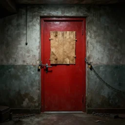 red door in a basement, boarded up, padlocks, chains, creepy mood, game art matte painting hyperdetailed, artstation, cgsociety, 8 k, surreal dream landscape
