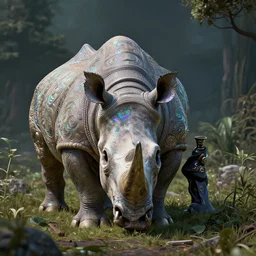 ancient rhino dead god being in desolate and lush landscape, moody, iridescent, opalescent :: by James Jean, Jeff Koons, Dan McPharlin Daniel Merrian :: ornate, dynamic, particulate, rich colors, intricate, elegant, highly detailed, centered, artstation, smooth, sharp focus, octane render, 3d