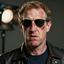 angry zuckerberg with bruised face, extreme detail, studio light, photorealistic, gritty, movie still, cinematic, bruised face, soft focus, well edited, 8 k, sunglasses, atmospheric, dark, leather jacket