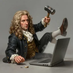 mad isaac newton crashing a computer with a hammer, highly detailed photo, digital painting, artstation, concept art, matte, sharp focus, 4 k, hdr, smooth, high resolution, award - winning photo, photorealistic, large shot