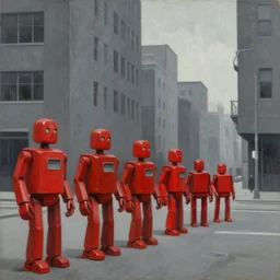 red robots queue up in a stark grayscale brutalist town, street elevation, grant wood, pj crook, edward hopper, oil on canvas
