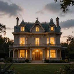 a luxurious house, late - victorian architecture, ( james birtwistle ), glowing lights, trees, daytime, cloudy sky, sunset, epic lighting, subtle colors, concept art, detailed illustration, centered, hd, 4 k, photorealistic, digital art, greg rutkowski, dan mumford, ruan jia, trending on artstation
