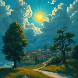 large village, clouds, sun blow up, lucid, dream, flux, volumetric lighting, near the beach, big trees by mc escher, colorized by salvador ross gogh