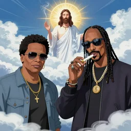 an anime style image of samuel l jackson and snoop dogg smoking a joint in heaven with jesus christ, npr, stylized, cell shaded