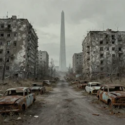 a abandoned sci - fi post - apocalyptic soviet city, rusted cars on the road, mystical obelisk in the background, muted color, matte painting, by simon stalenhag and alena aenami