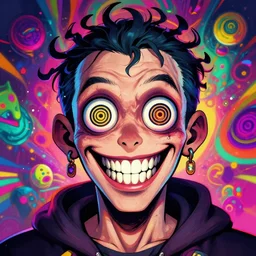 insane man with spiral eyes, grinning, with crazy psychedelic background, coherent detailed character design, weirdcore voidpunk digital art cgsociety, trending on deviantart