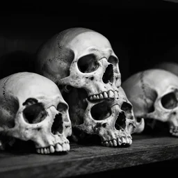 Skulls lying on a shelf. Close Up Shot, Dark Fantasy, Film Noir, Black and White. High Contrast, Mike Mignola, D&D, OSR