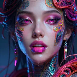 contiousness, pixelated mouth, cyberpunk gorgeous goddess, neon, alterd carbon, fibonacci, sweat drops, insane, intricate, highly detailed, digital painting, artstation, concept art, smooth, sharp focus, illustration, Unreal Engine 5, 8K, art by artgerm and greg rutkowski and alphonse mucha