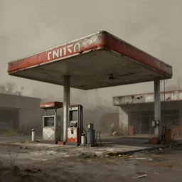 epic professional digital art of abandoned italian eni gas station, faint taupe moody atmospheric lighting, painted, intricate, detailed, detailed, foreboding, by leesha hannigan, wayne haag, reyna rochin, ignacio fernandez rios, mark ryden, iris van herpen,, epic, stunning, gorgeous, much wow, cinematic, masterpiece.
