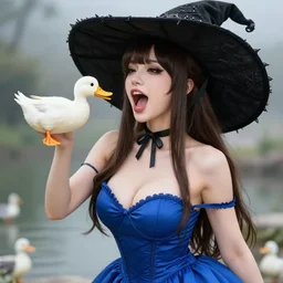 high detail render of a voluptuous goth girl with long brunette hair and bangs, a skimpy blue dress, and a large black gothic sunhat screaming feeding ducks disney girl style 4 k