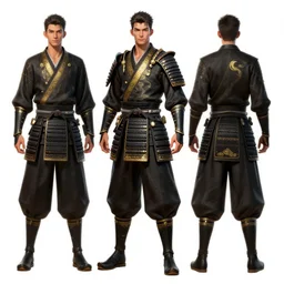 1 wlop and krenz cushart and alfons mucha detailed, full body digital concept, male samurai in a black and gold armour with a oni mask and a katana, sunbeam, unreal engine, hyperrealism, cinematic composition, blender render, octane render, hdr, detailed textures