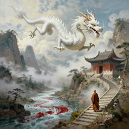 a gorgeous landscape painting by barlowe wayne, maxfield parrish and marco mazzoni. a ultra long chinese white dragon is flying through the clouds and mist among the mountains. an abandoned chinese temple. birds. a lonely chinese monk walks on the winding stone steps, 3 d, octane render, turbulent blood lake, 8 k.