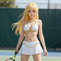 full body shot : a very beautiful young blond tennis anime girl, sky blue eyes, golden chains, tattoo, bikini, miniskirt, highly detailed, cinematic wallpaper by stanley artgerm lau
