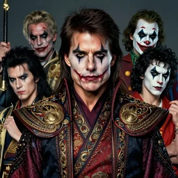 photorealistic portrait of evil looking tom cruise wearing intricate shao khan costume, bizarre voodoo makeup, clown makeup, by amano, karol bak, greg rutkowski, and akira toriyama, tonalism, hyperrealistic, artgerm, concept art, masterpiece.