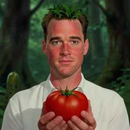 forest gump starring tom hank sas a tomato, his skin is red with leafy green hair, pickle rick animation character, dramatic lighting, tom hanks tomato face, tomato body, shaded lighting poster by magali villeneuve, artgerm, jeremy lipkin and michael garmash, rob rey and kentaro miura style