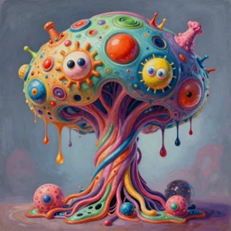 an extremely high quality hd surrealism painting of a 3 d perspective neon complimentary - colors cartoon surrealism melting sculptural biological anatomical zaha hadid dripping tree amoeba by a much more skilled version of kandinskypicasso and salvia dali the third, salvador dali's much much much much more talented painter cousin, 8 k, ultra realistic, very realistic, nerves, veins, neurons