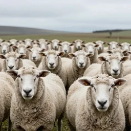 a 4k photo of sheep herd looking closely to the lens