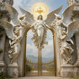 the gates of heaven with angels, hyper realistic, in the style of greg rutkowski, fantasy, amazing detail,
