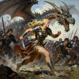 An oil painting of a beautiful blonde viking woman running into battle, ancient armor, aesthetic, by Frank Frazetta, Greg Rutkowski, Boris Vallejo, Neal Hanson, Christian MacNevin, epic fantasy character art, goddess of war, goddess of anger, high fantasy, Exquisite detail, post-processing, low angle, masterpiece, cinematic, colossal dragon in background