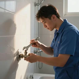 the repairman using a wrench to fix a valve in the bathroom, smooth, extremely detailed, cinematic lighting, illustration, digital art, crepuscular ray, unreal engine 5