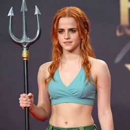 emma watson as nami from one piece holding a trident in one hand, award winning photography, cinematic, 50 mm, trending on Twitter