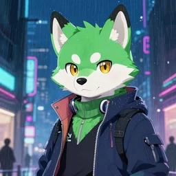 character portrait of a male green anthro husky fursona with a cute beautiful attractive detailed furry face wearing stylish cyberpunk clothes in a cyberpunk city at night while it rains. hidari, color page, tankoban, 4 k, tone mapping, akihiko yoshida.
