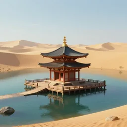 a japanese temple on a wooden platform in the center of the water of an oasis in a large desert, digital painting, artstation, matte painting, highly detailed, octane render, 8 k, unreal engine