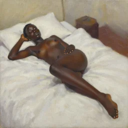 an expressive oil painting of skurofa soremi laying on a bed